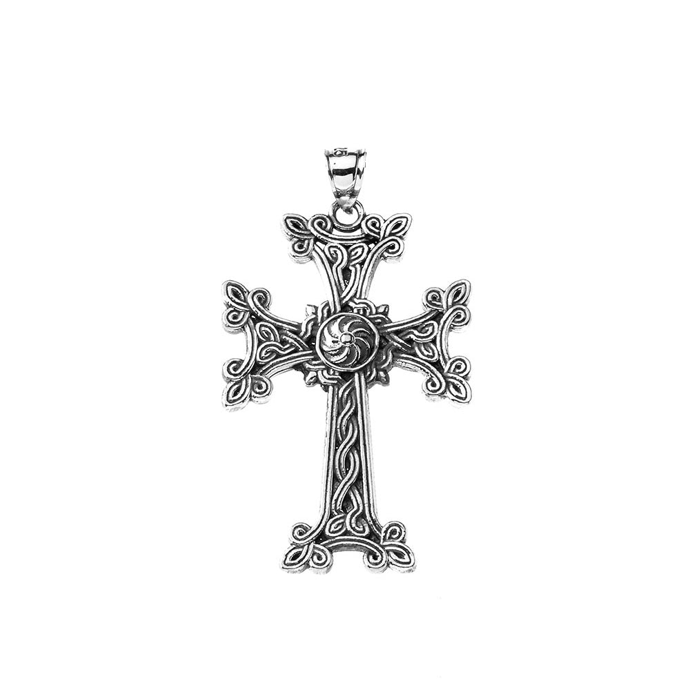 Oxidized Sterling Silver Eternity "Khachkar" Armenian Cross Pendant Necklace (Large), view 3