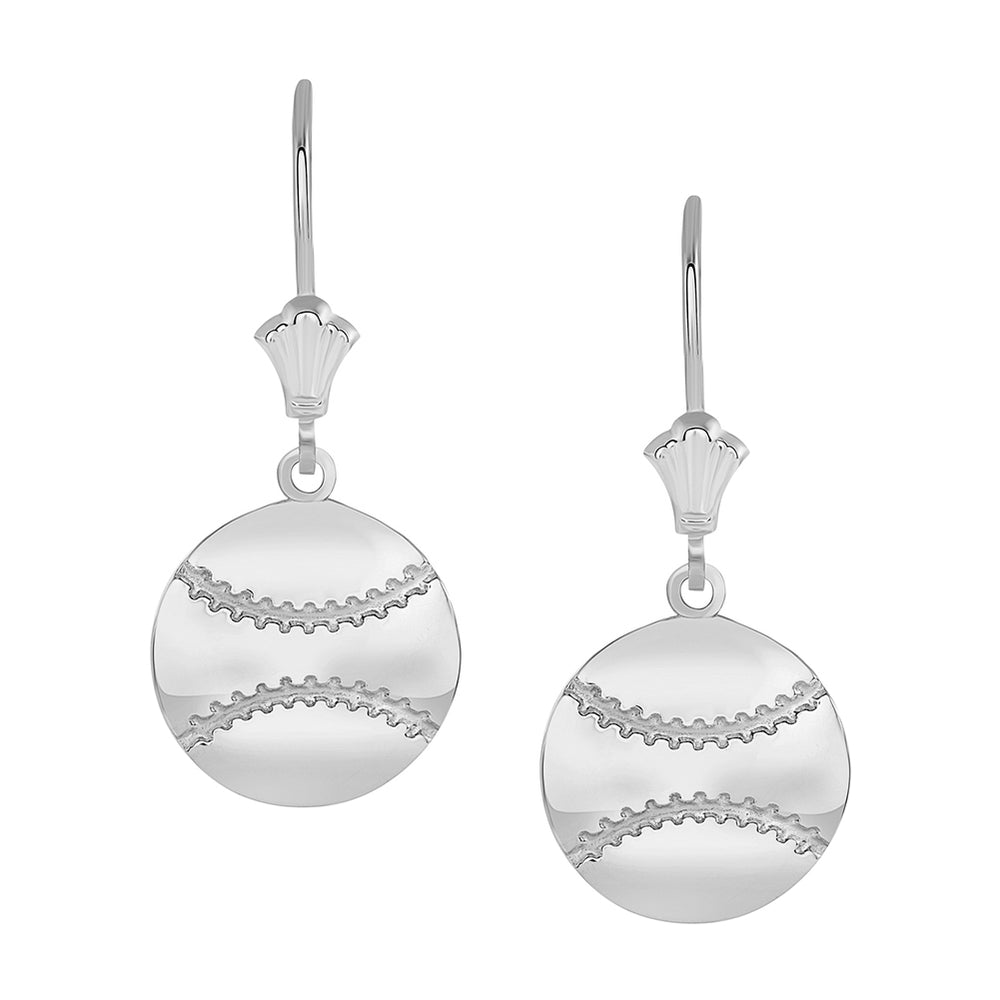 Polished Baseball Sports Leverback Earrings in Sterling Silver