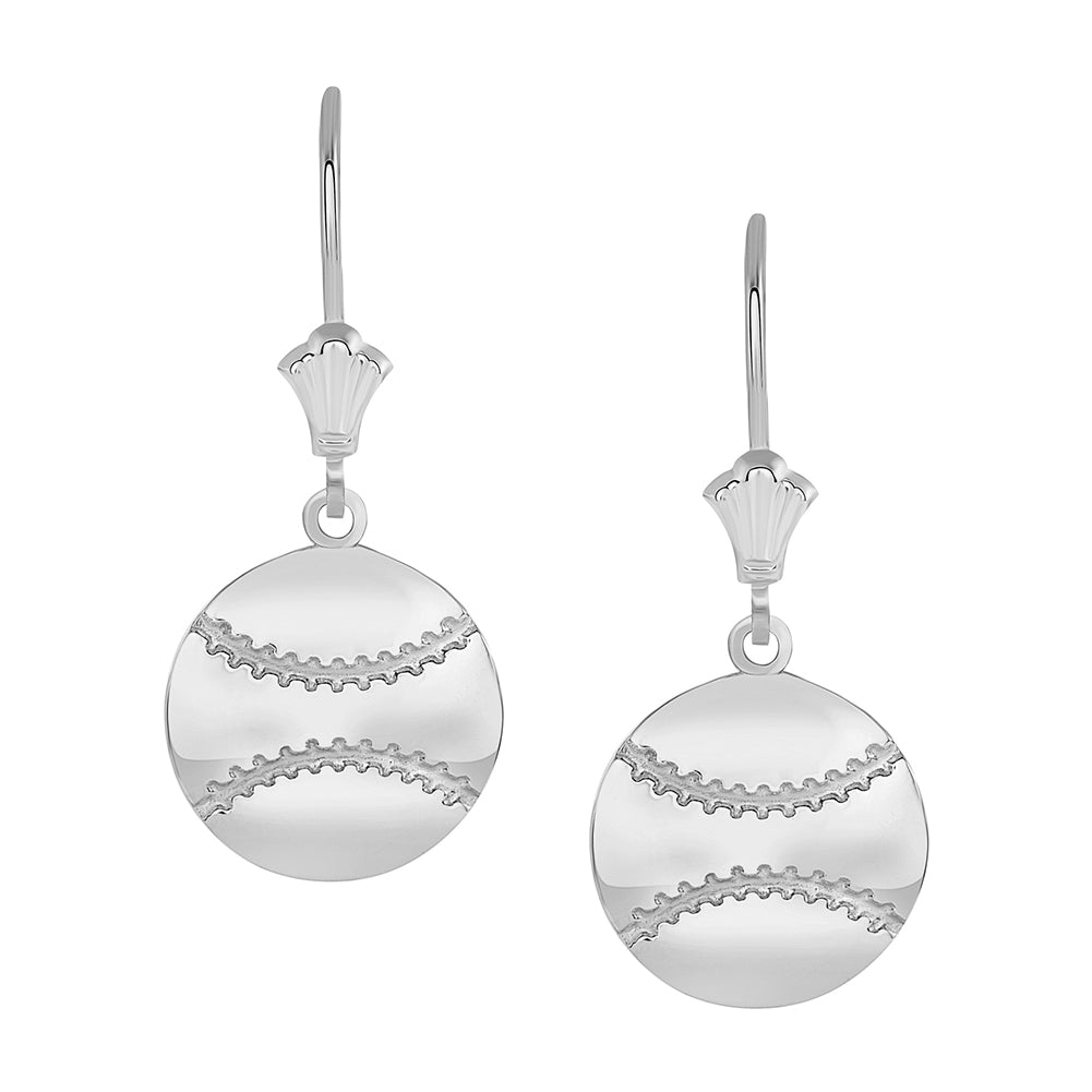 Polished Baseball Sports Leverback Earrings in Sterling Silver