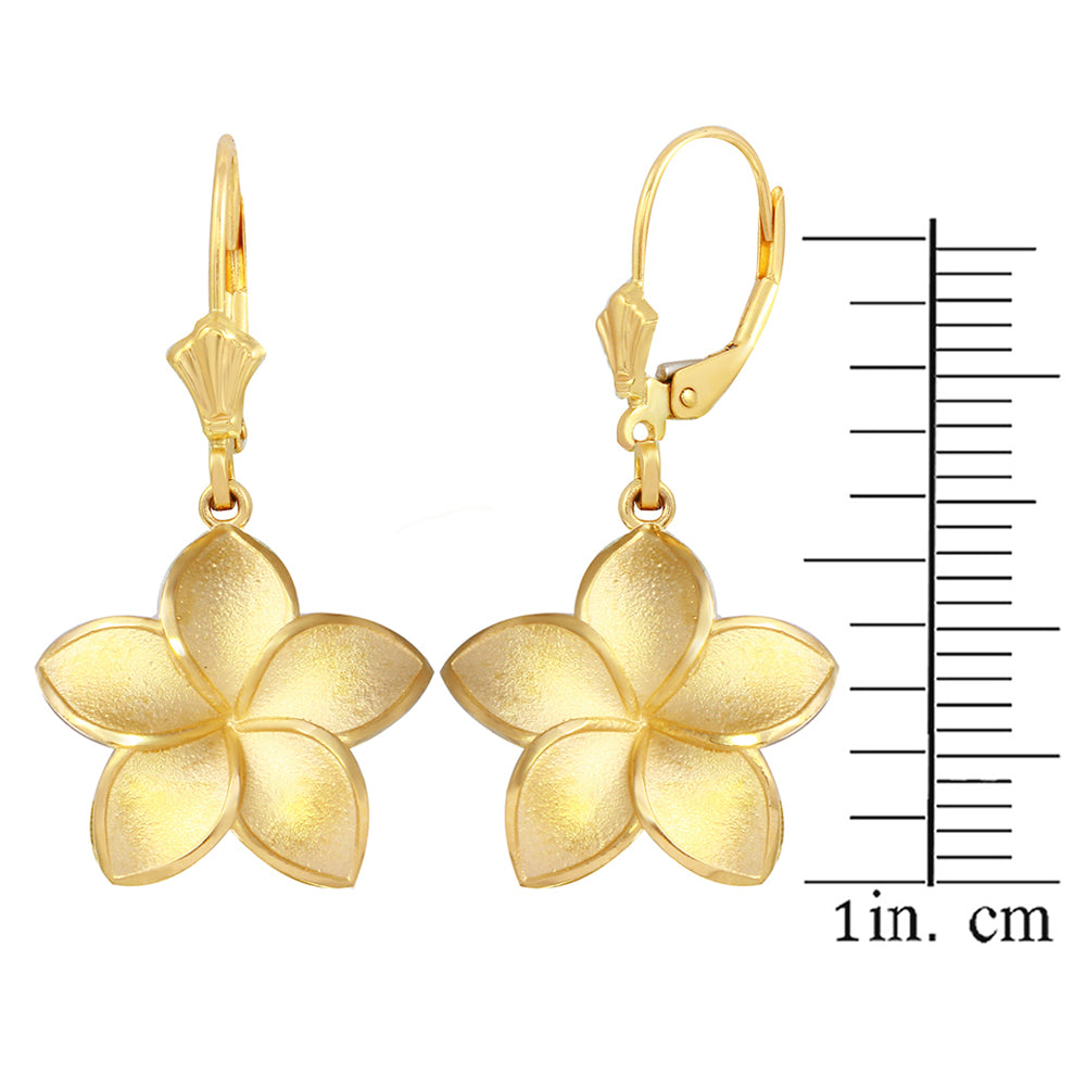 Polished Gold Hawaiian Plumeria Flower Leverback Earrings, view 4
