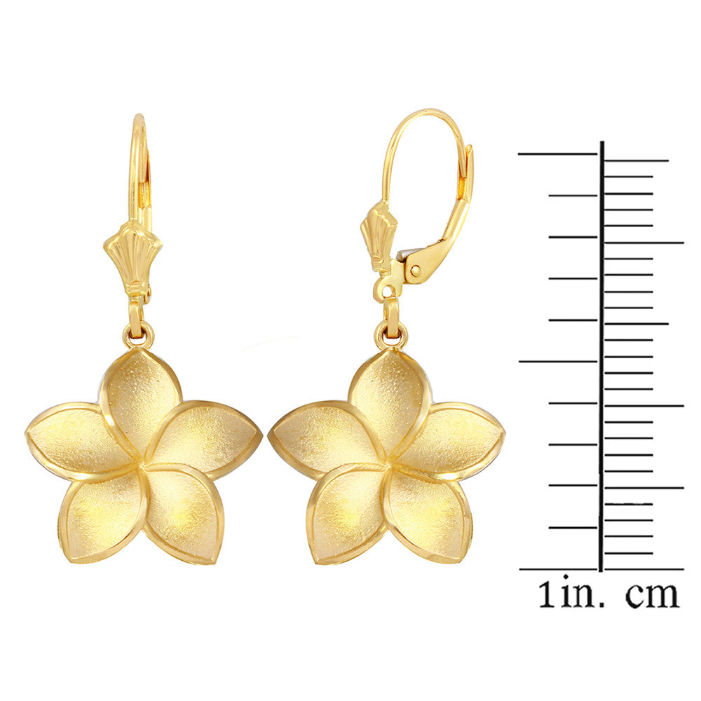Polished Gold Hawaiian Plumeria Flower Leverback Earrings, view 5