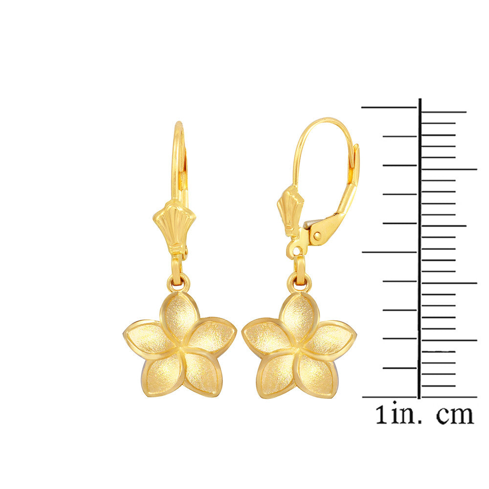 Polished Gold Hawaiian Plumeria Flower Leverback Earrings, view 6