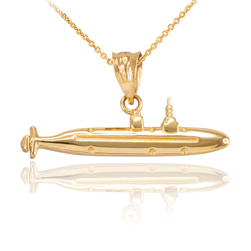 Polished Solid Gold Submarine Boat Pendant Necklace