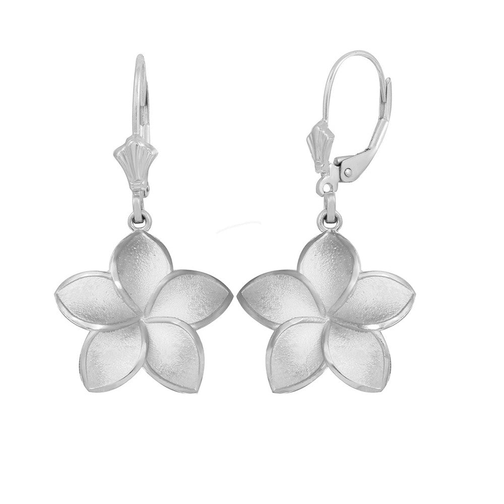 Polished Sterling Silver Hawaiian Plumeria Flower Leverback Earrings