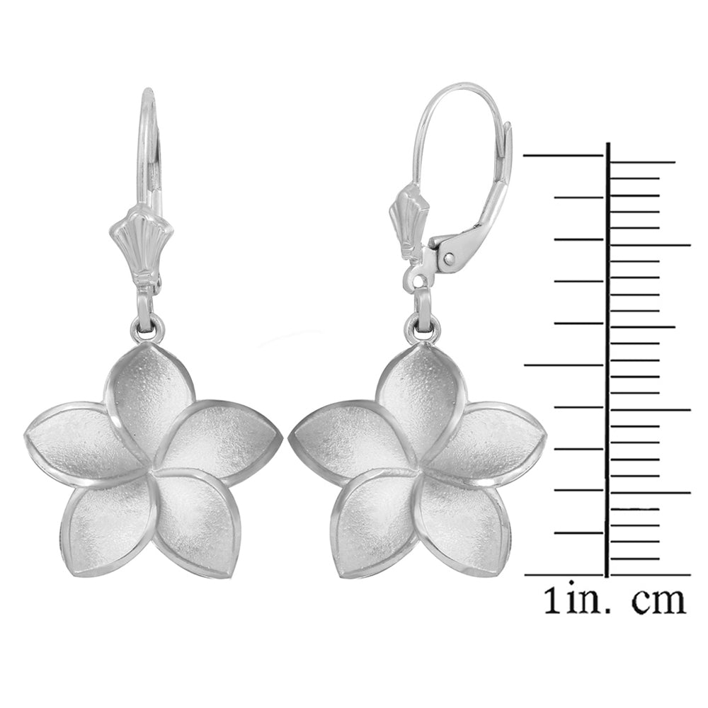 Polished Sterling Silver Hawaiian Plumeria Flower Leverback Earrings, view 2