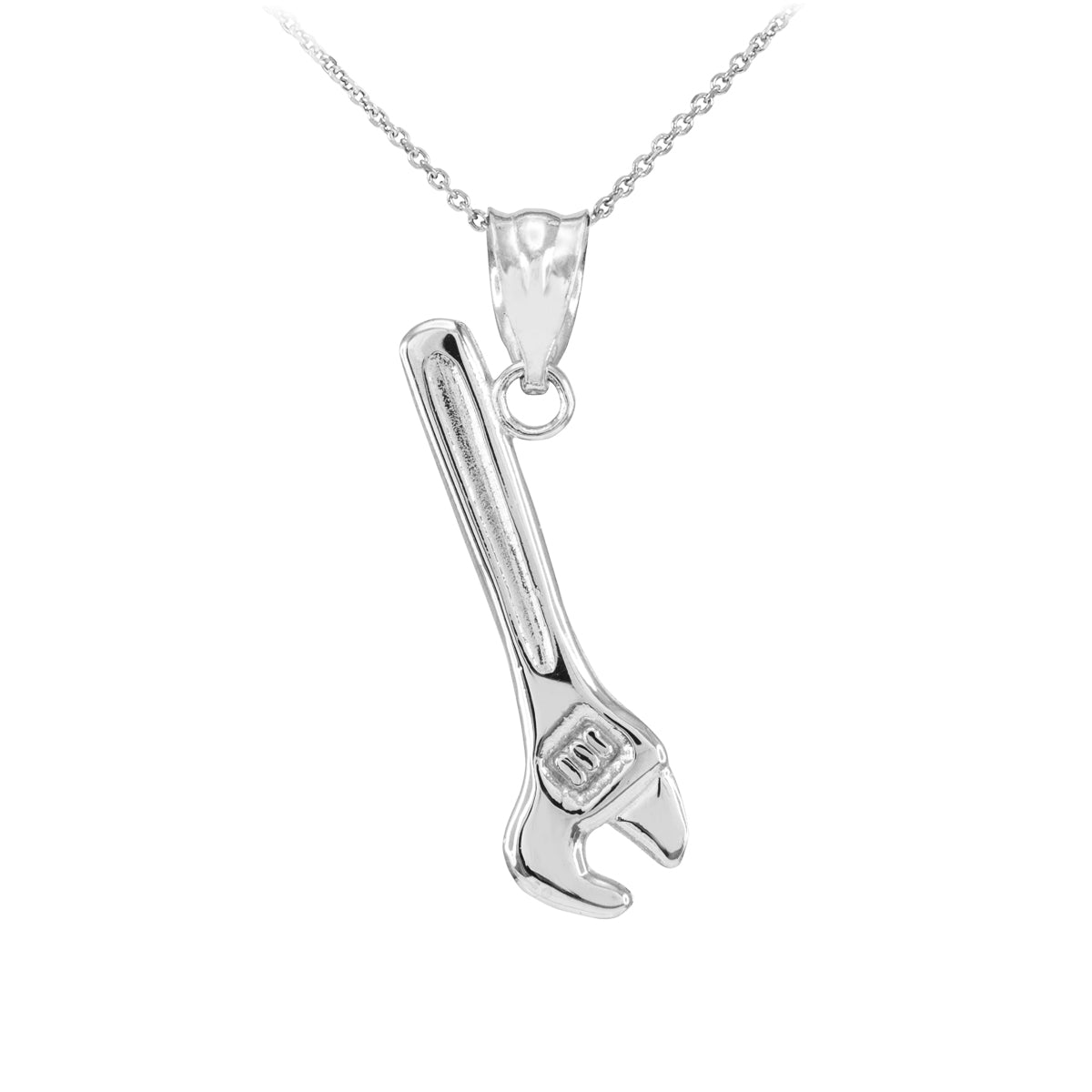 Polished White Gold Wrench Pendant Necklace