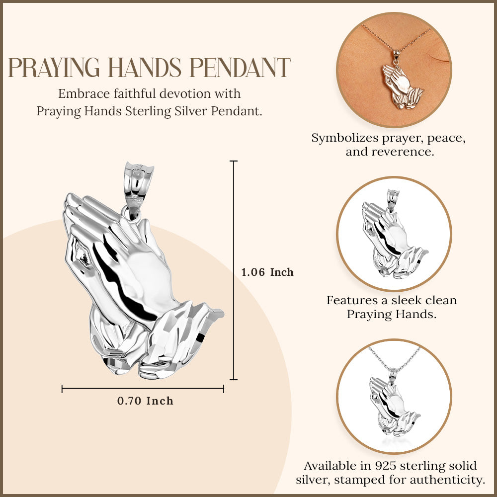 Praying Hands in Sterling Silver Pendant Necklace, view 3