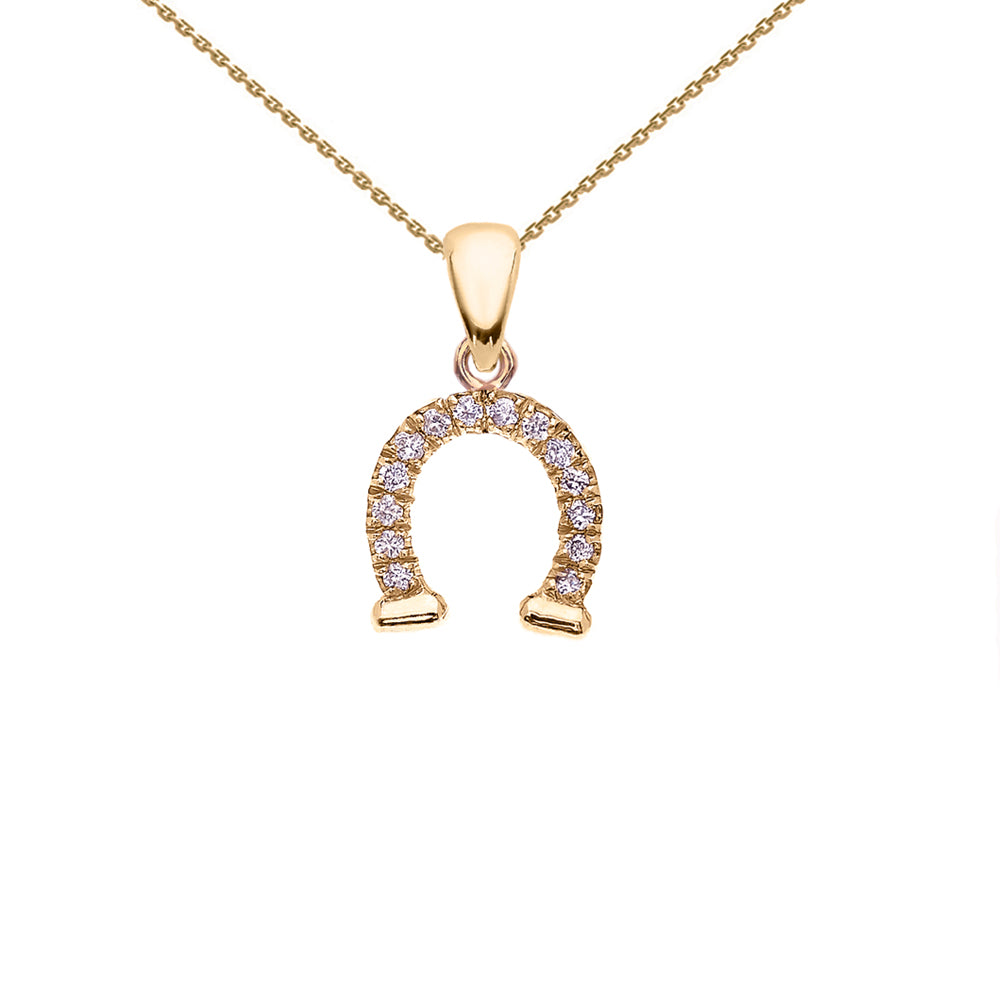 Reversible Diamond and High Polish Plain Horse Shoe Good Luck Gold Charm Dainty Pendant Necklace
