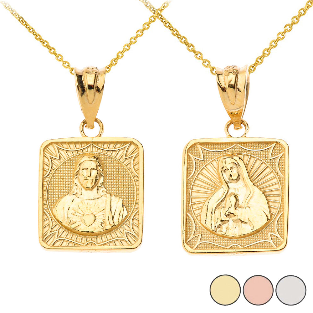 Reversible Solid Gold Virgin Mary and Jesus Christ Square Pendant Necklace