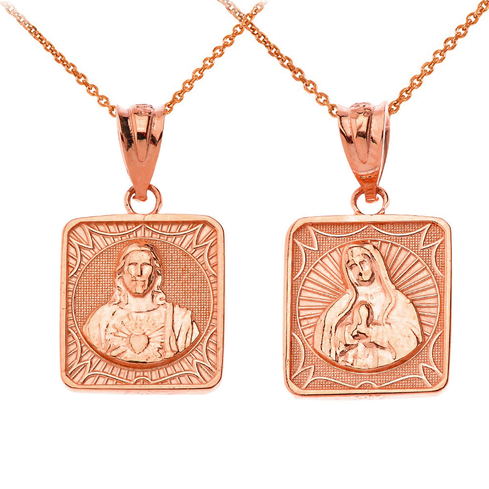 Reversible Solid Gold Virgin Mary and Jesus Christ Square Pendant Necklace, view 2