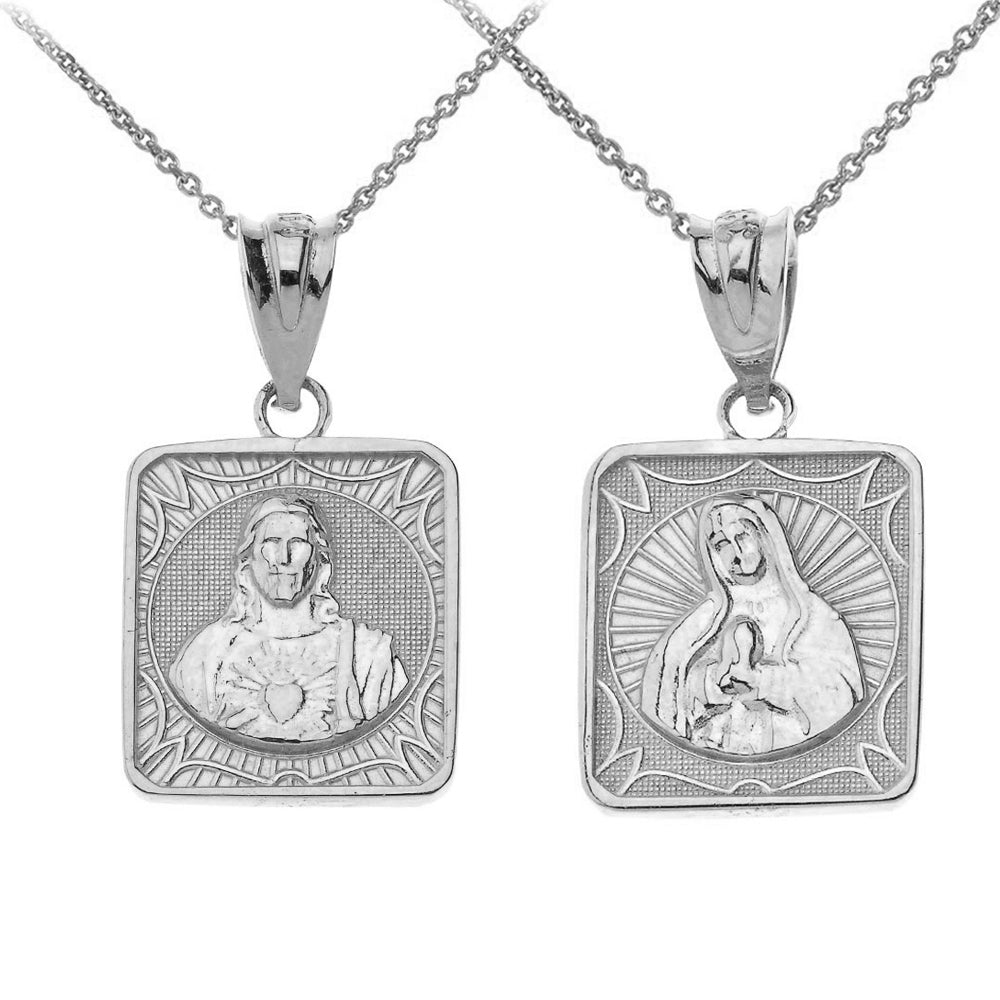 Reversible Solid Gold Virgin Mary and Jesus Christ Square Pendant Necklace, view 3