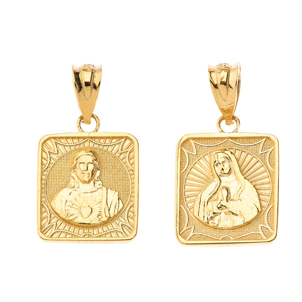 Reversible Solid Gold Virgin Mary and Jesus Christ Square Pendant Necklace, view 4