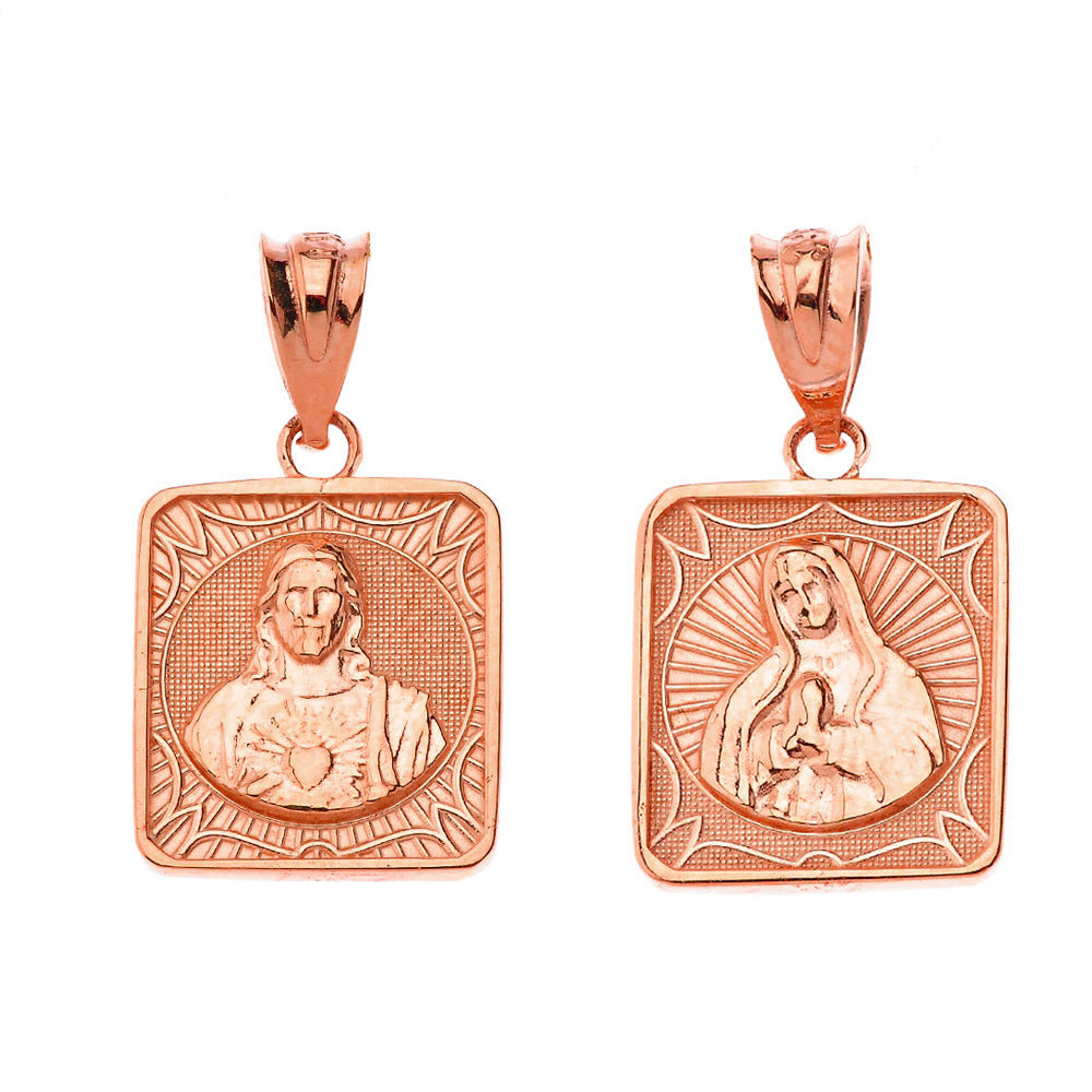 Reversible Solid Gold Virgin Mary and Jesus Christ Square Pendant Necklace, view 5