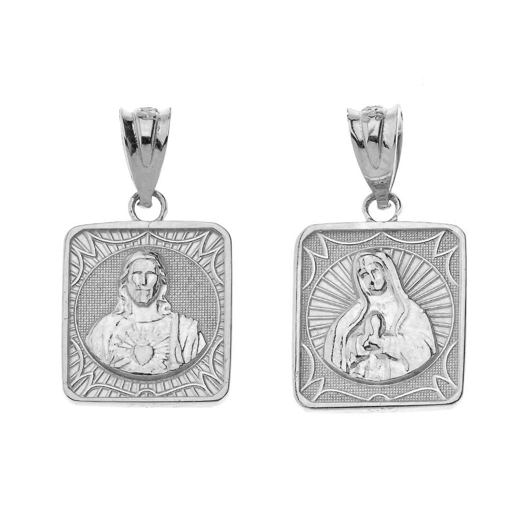 Reversible Solid Gold Virgin Mary and Jesus Christ Square Pendant Necklace, view 6