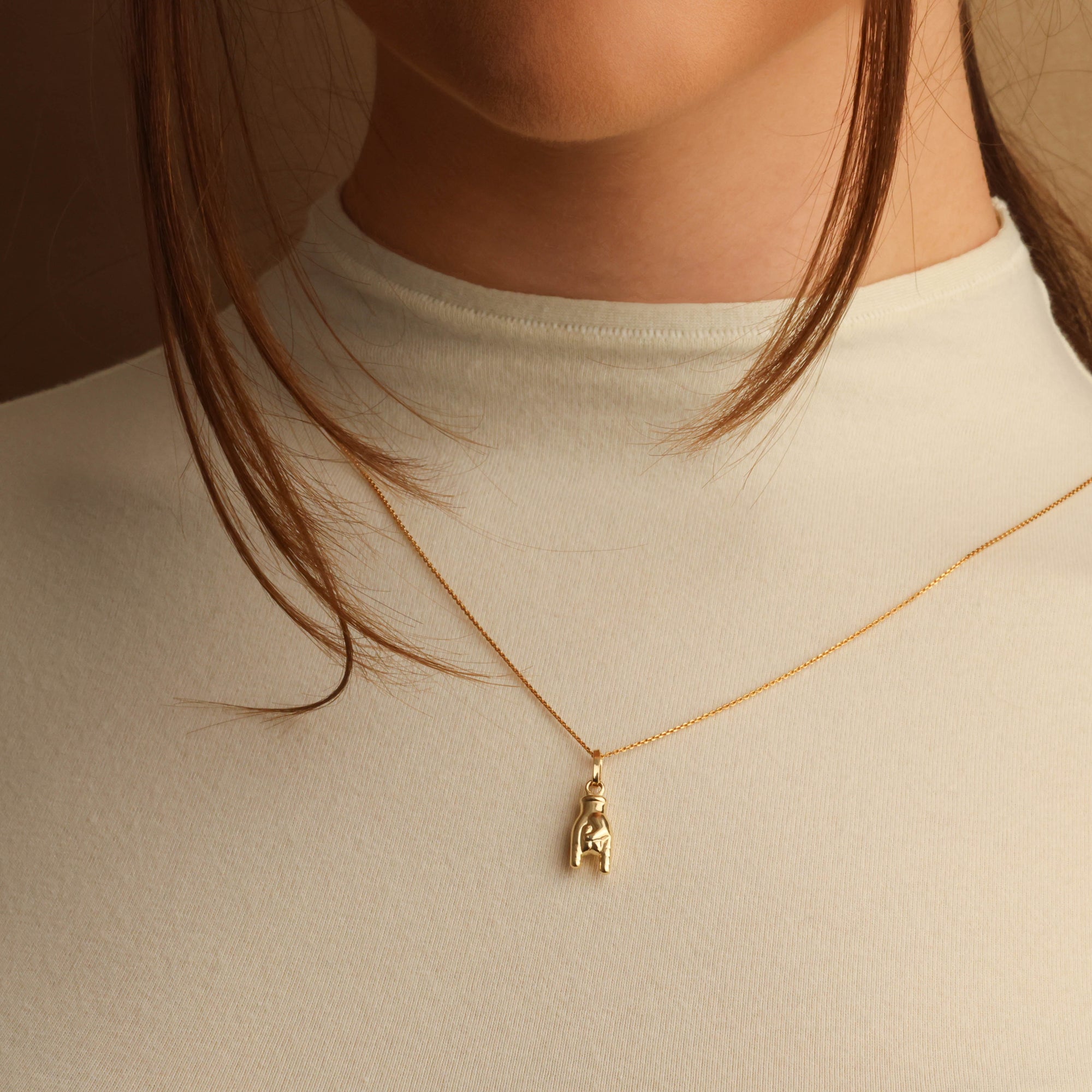 Rock and Roll Hand Sign Necklace in 14K Gold, view 2