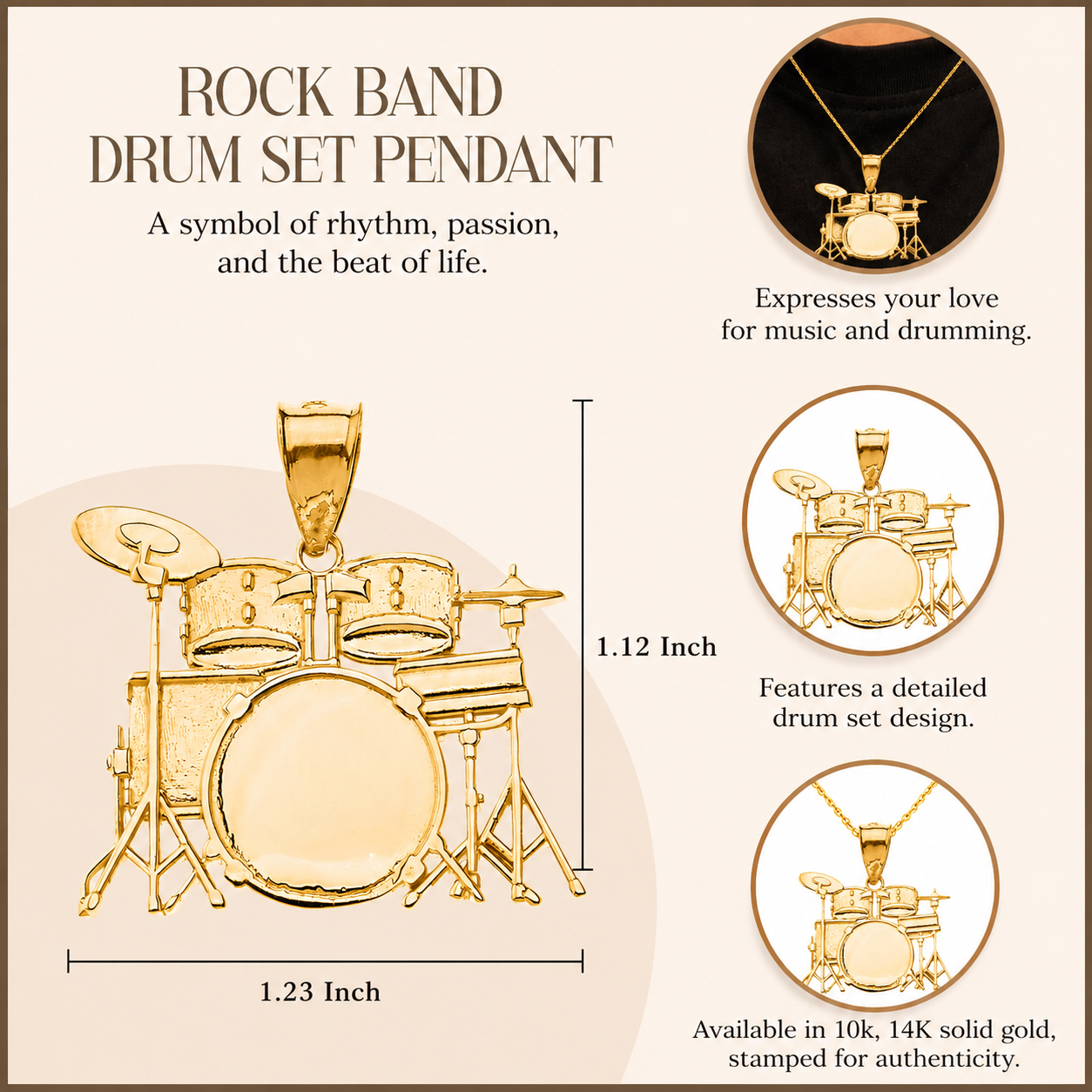 Rock Band Drum Set Pendant Necklace in Solid Gold, view 3