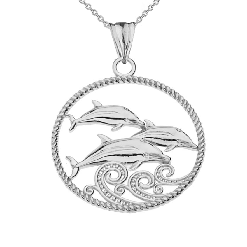 Roped Dolphin Trio Pendant Necklace in Sterling Silver