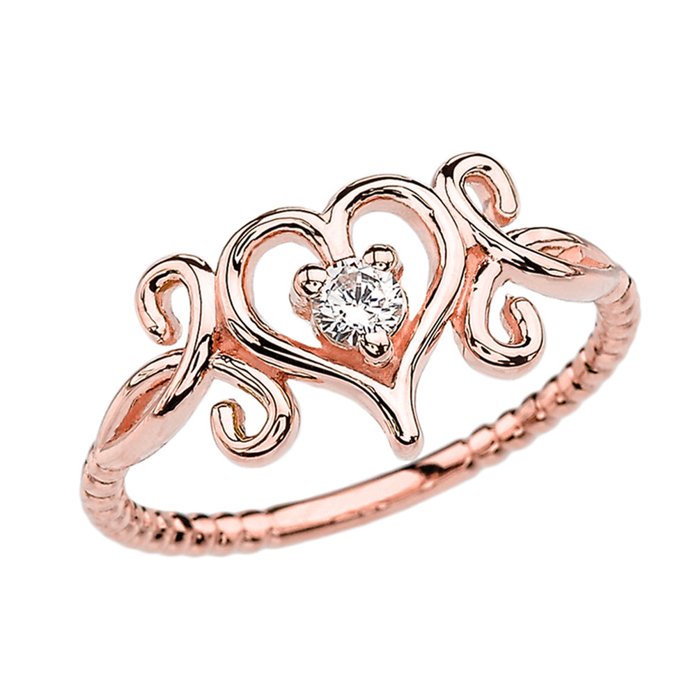 Rose Gold Dainty Open Heart Diamond Solitaire Rope Design Engagement Ring