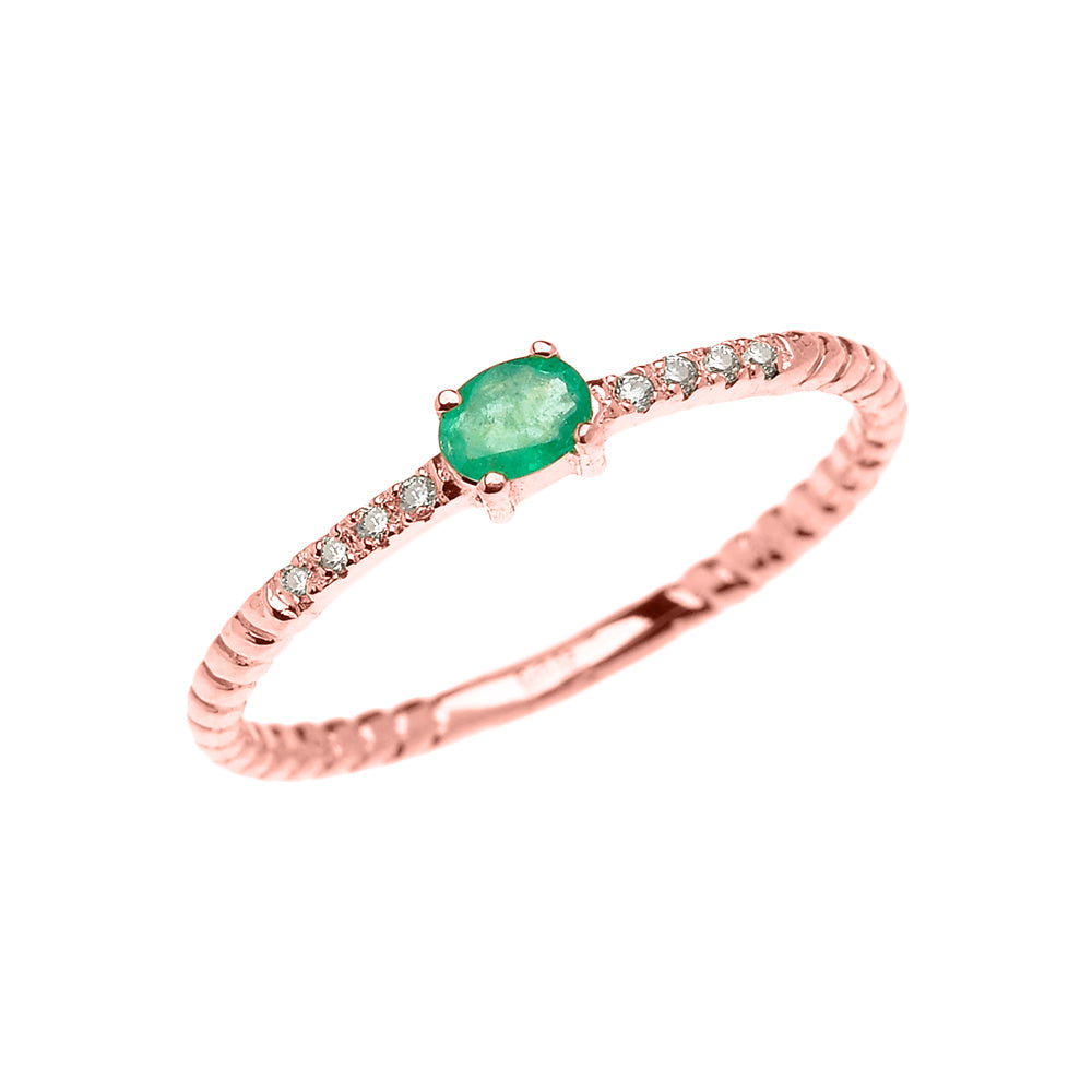 Rose Gold Dainty Solitaire Emerald and Diamond Rope Design Promise Ring