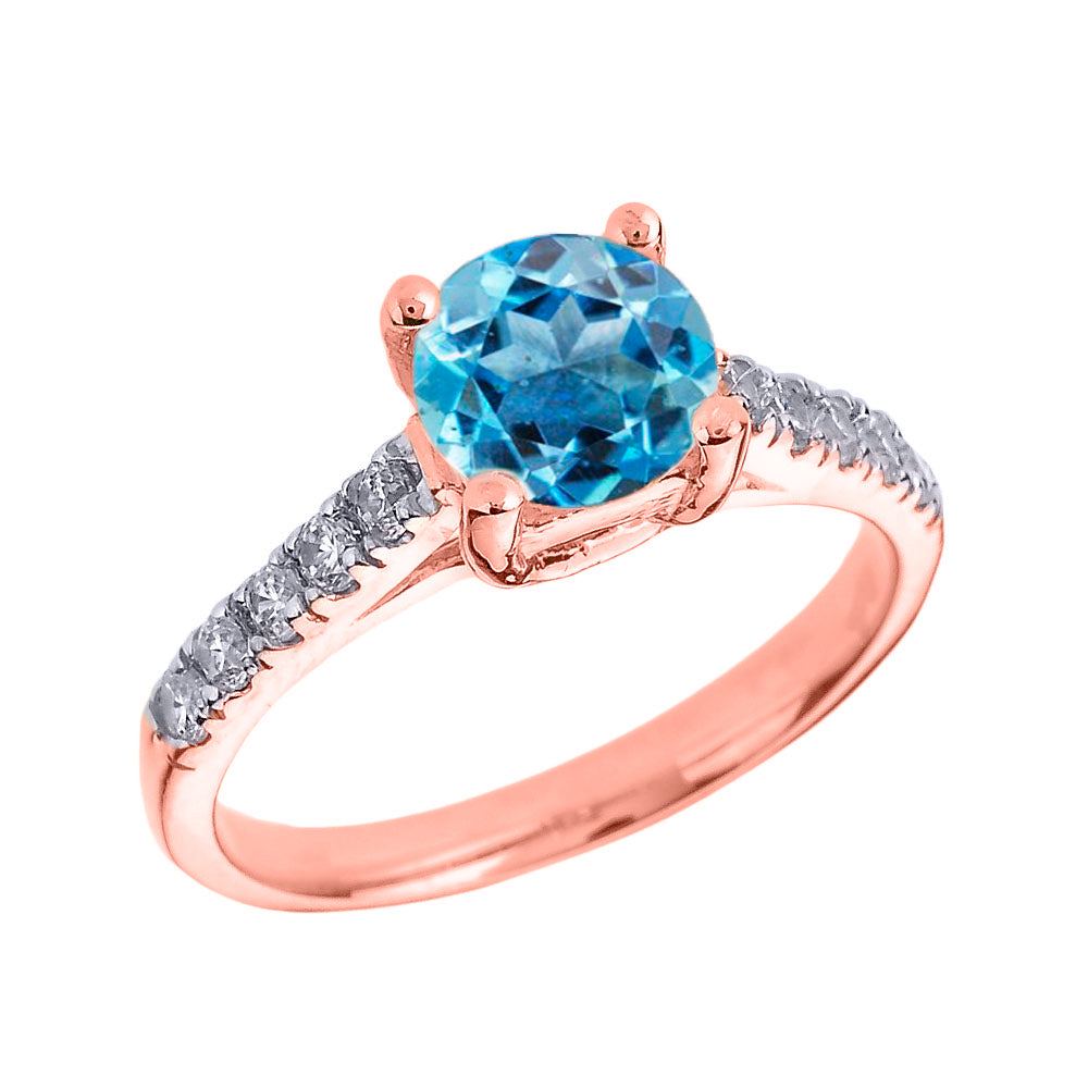 Rose Gold Diamond and Blue Topaz Solitaire Engagement Ring