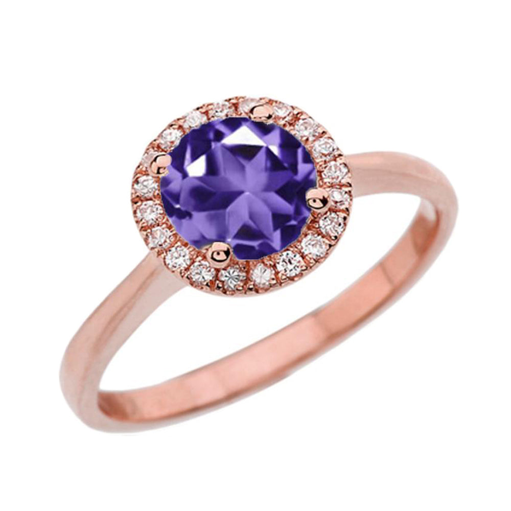 Rose Gold Diamond Round Halo Engagement/Proposal Ring With Amethyst Center Stone