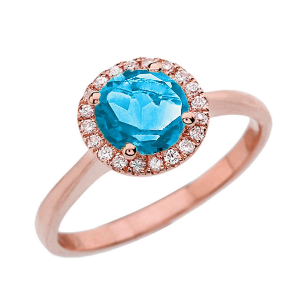Rose Gold Diamond Round Halo Engagement/Proposal Ring With Blue Turquoise Center Stone