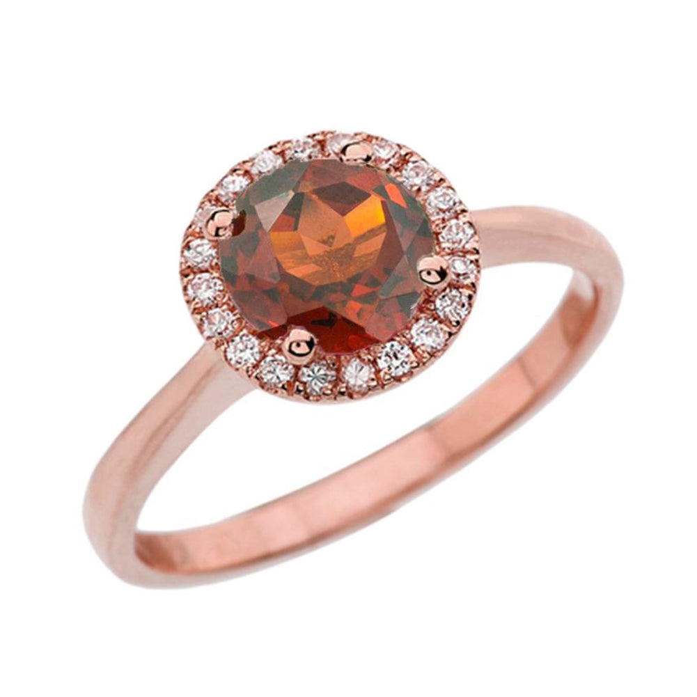 Rose Gold Diamond Round Halo Engagement/Proposal Ring With Garnet Center Stone