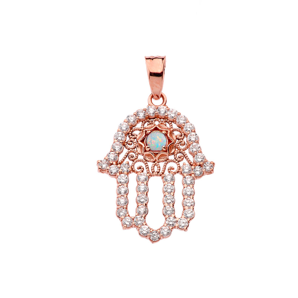 Rose Gold Studded Hamsa Hand Diamond & Opal Evil Eye Filigree Pendant Necklace, view 2