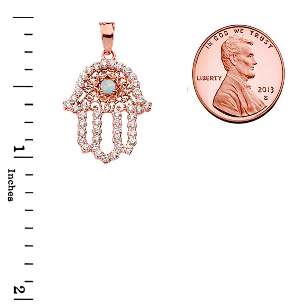 Rose Gold Studded Hamsa Hand Diamond & Opal Evil Eye Filigree Pendant Necklace, view 3