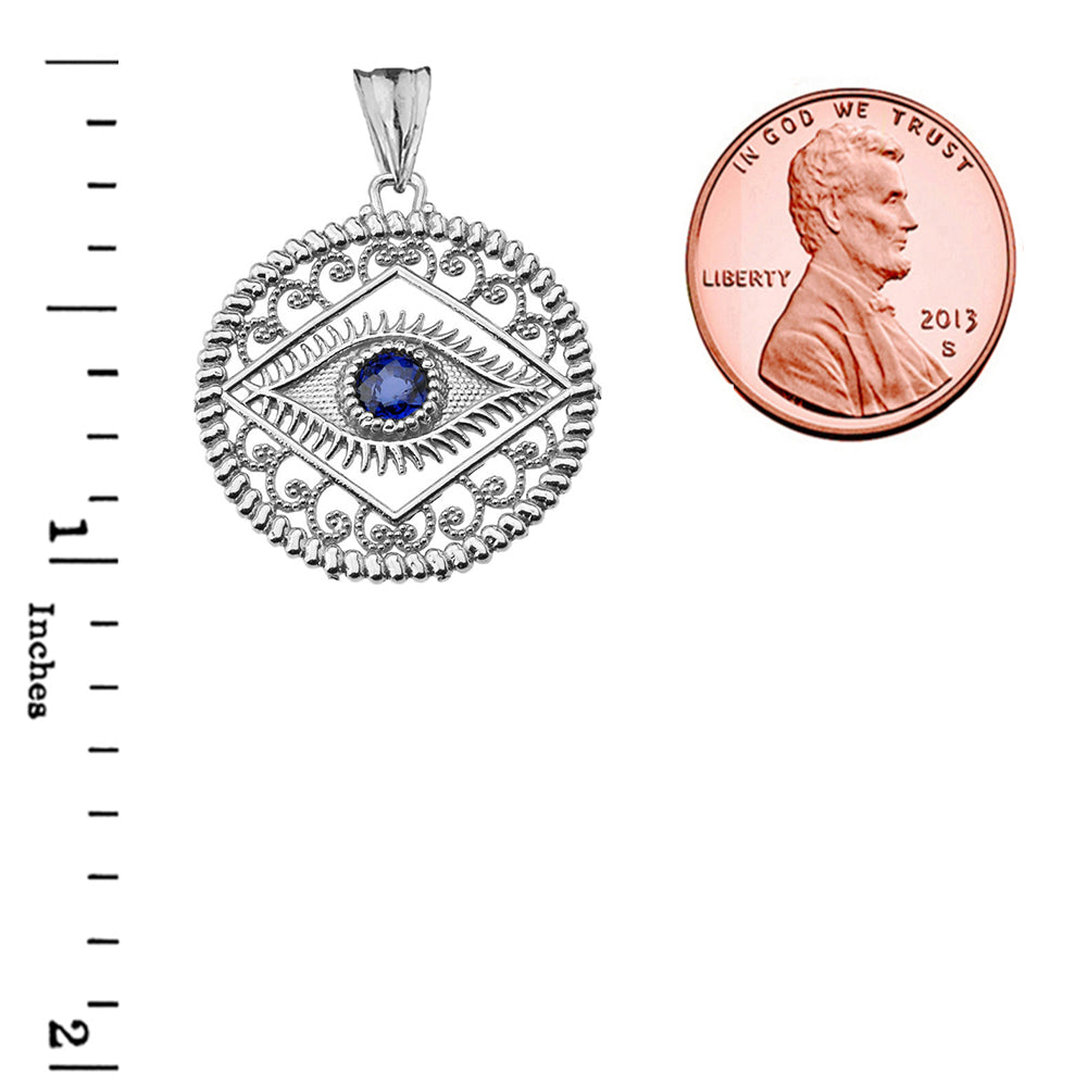 Round Filigree Evil Eye Pendant Necklace in Sterling Silver, view 2