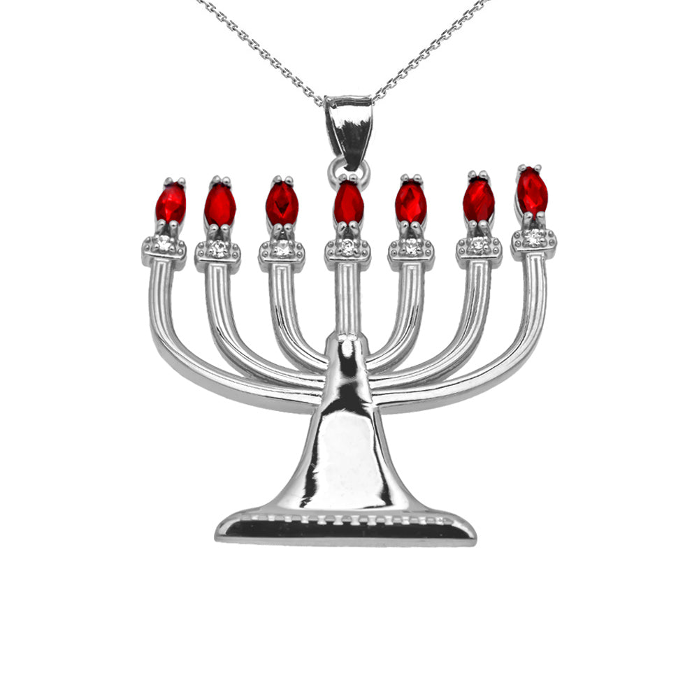Ruby and Diamond Sterling Silver Menorah Pendant Necklace