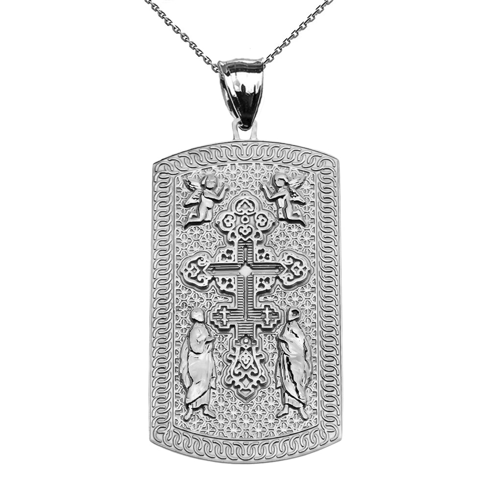 Russian Orthodox Cross Sterling Silver Engravable Dog Tag Pendant Necklace