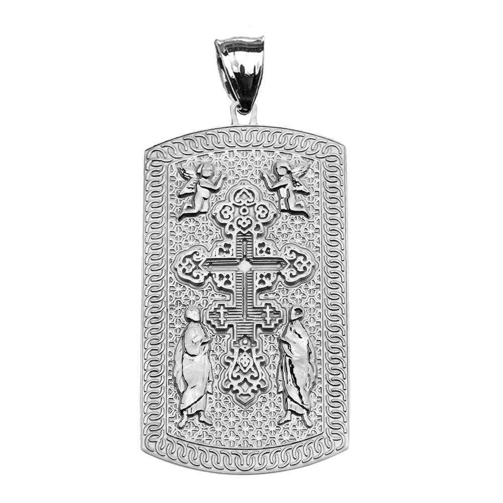Russian Orthodox Cross Sterling Silver Engravable Dog Tag Pendant Necklace, view 2