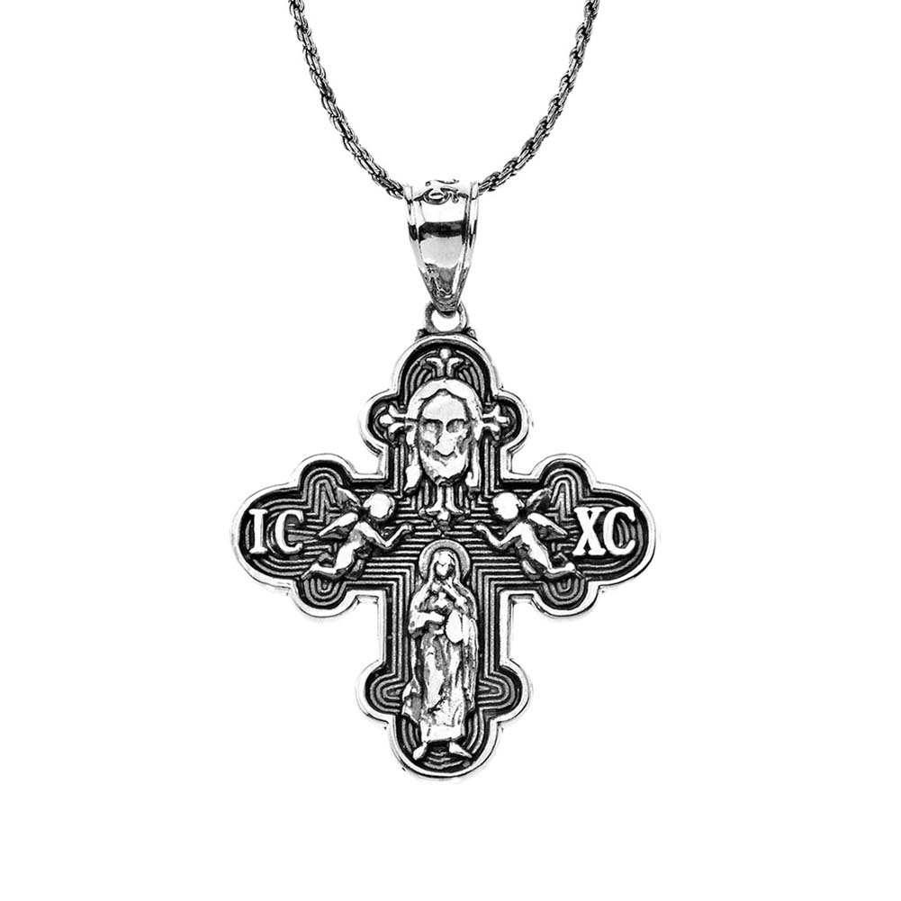 Russian Orthodox ICXC Cross (Save Us) Pendant Necklace in Oxidized Sterling Silver