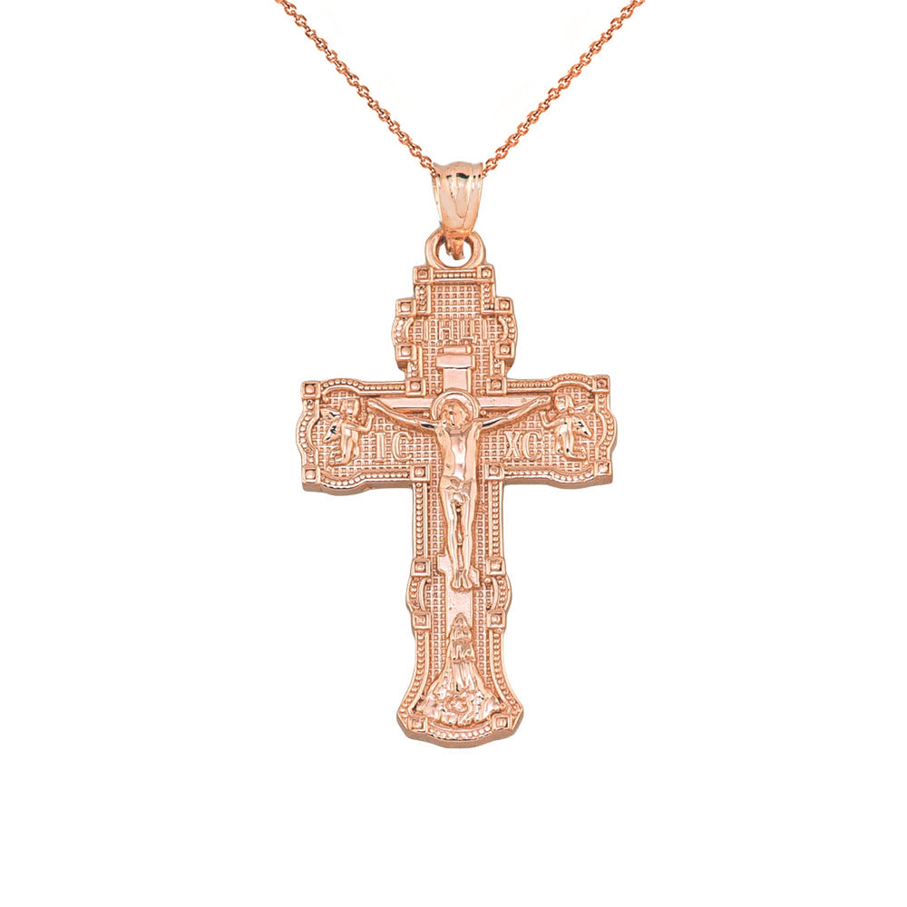 Russian Orthodox "Save & Protect" Cross Pendant Necklace in Gold, view 2