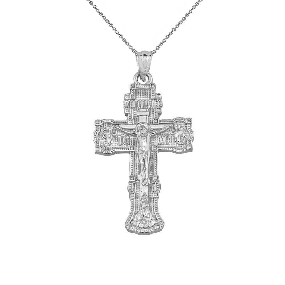 Russian Orthodox "Save & Protect" Cross Pendant Necklace in Gold, view 3
