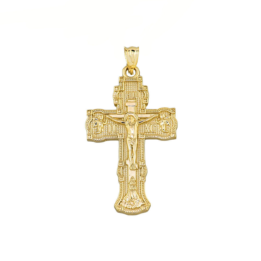 Russian Orthodox "Save & Protect" Cross Pendant Necklace in Gold, view 4