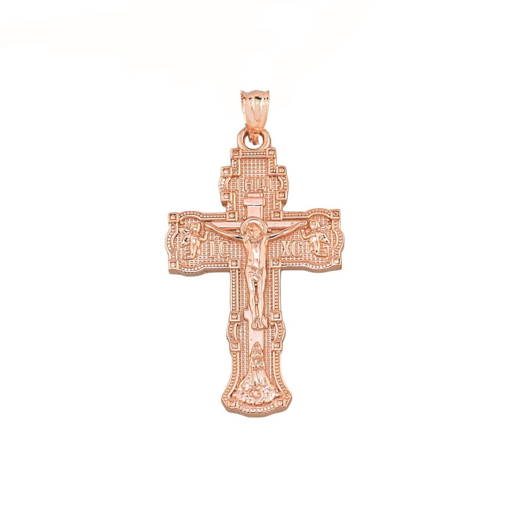 Russian Orthodox "Save & Protect" Cross Pendant Necklace in Gold, view 7