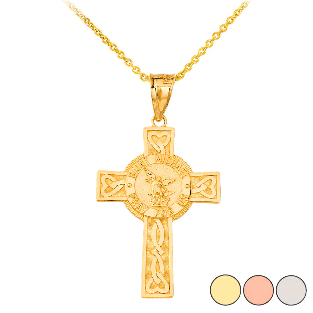 Saint Michael Pray for Us Celtic Cross (Large) Pendant Necklace in Gold