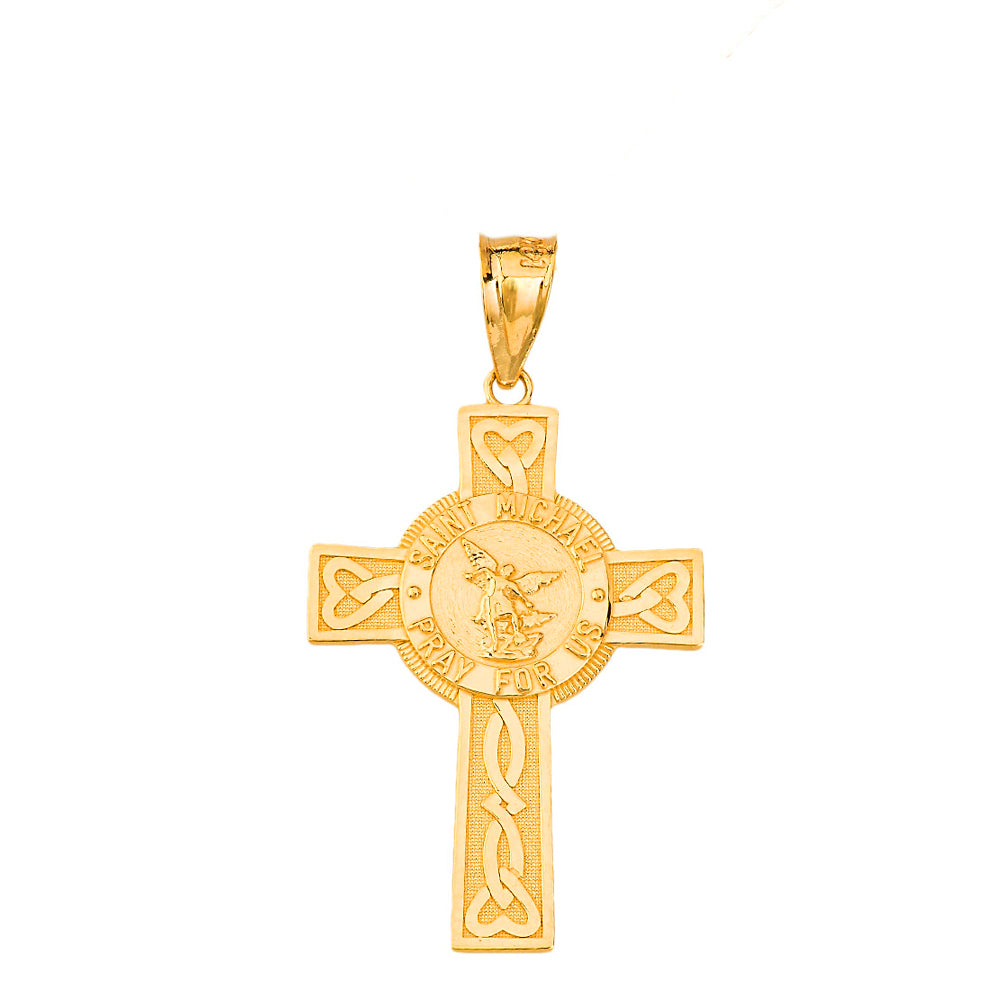Saint Michael Pray for Us Celtic Cross (Large) Pendant Necklace in Gold, view 2