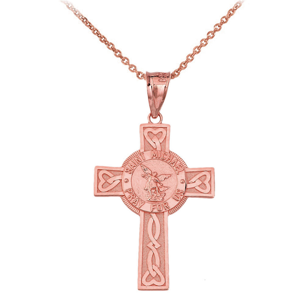 Saint Michael Pray for Us Celtic Cross (Large) Pendant Necklace in Gold, view 3