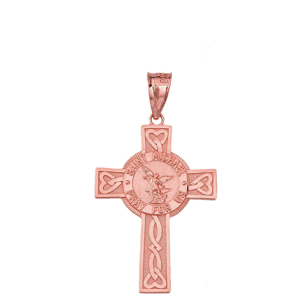 Saint Michael Pray for Us Celtic Cross (Large) Pendant Necklace in Gold, view 4