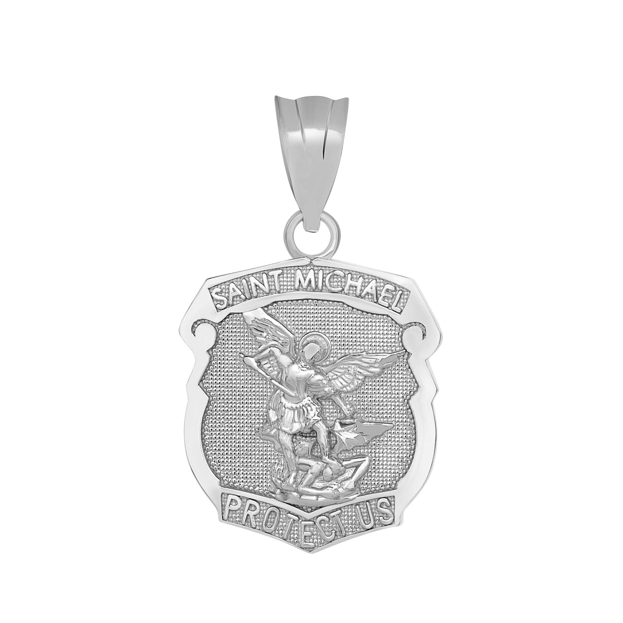 Saint Michael Protect Us Shield Pendant Necklace in Sterling Silver, view 2