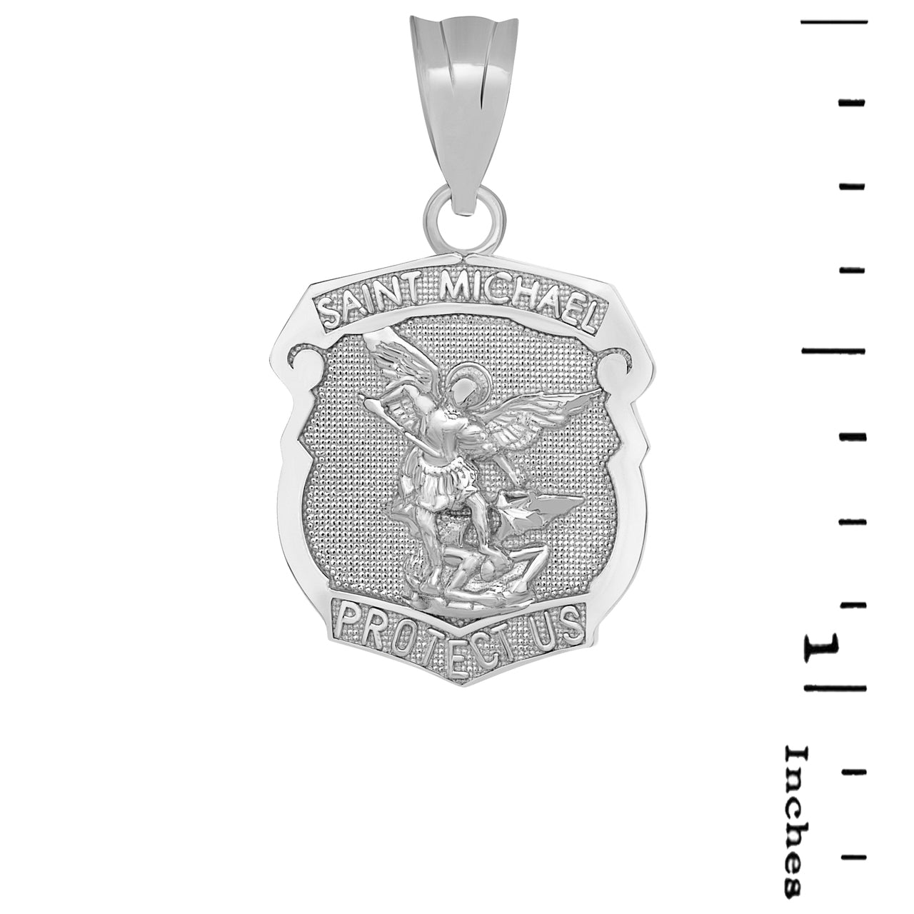 Saint Michael Protect Us Shield Pendant Necklace in Sterling Silver, view 3