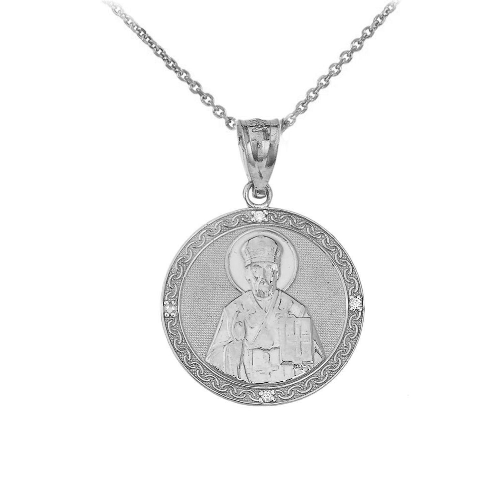 Saint Nicholas Pray for Us Circle Medallion CZ Pendant Necklace in Sterling Silver