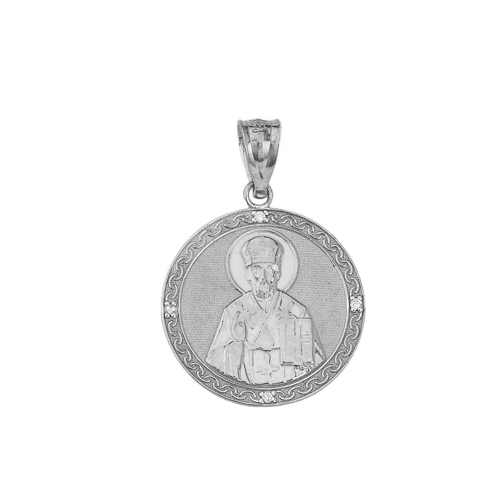 Saint Nicholas Pray for Us Circle Medallion CZ Pendant Necklace in Sterling Silver, view 2