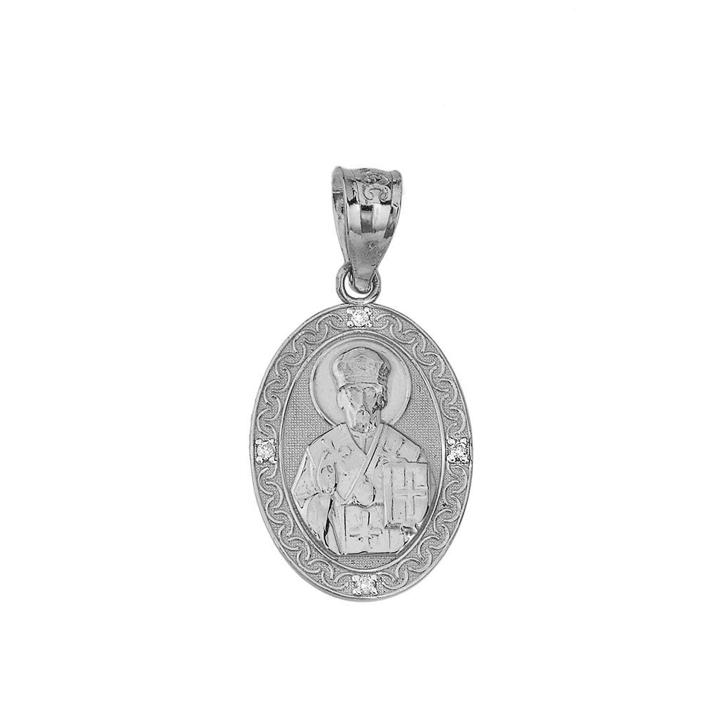 Saint Nicholas Pray for Us Engravable Oval CZ Pendant Necklace in Sterling Silver, view 2