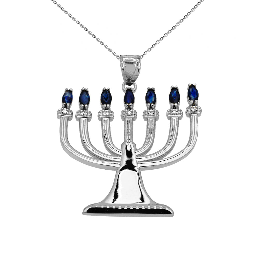 Sapphire and Diamond Sterling Silver Menorah Pendant Necklace