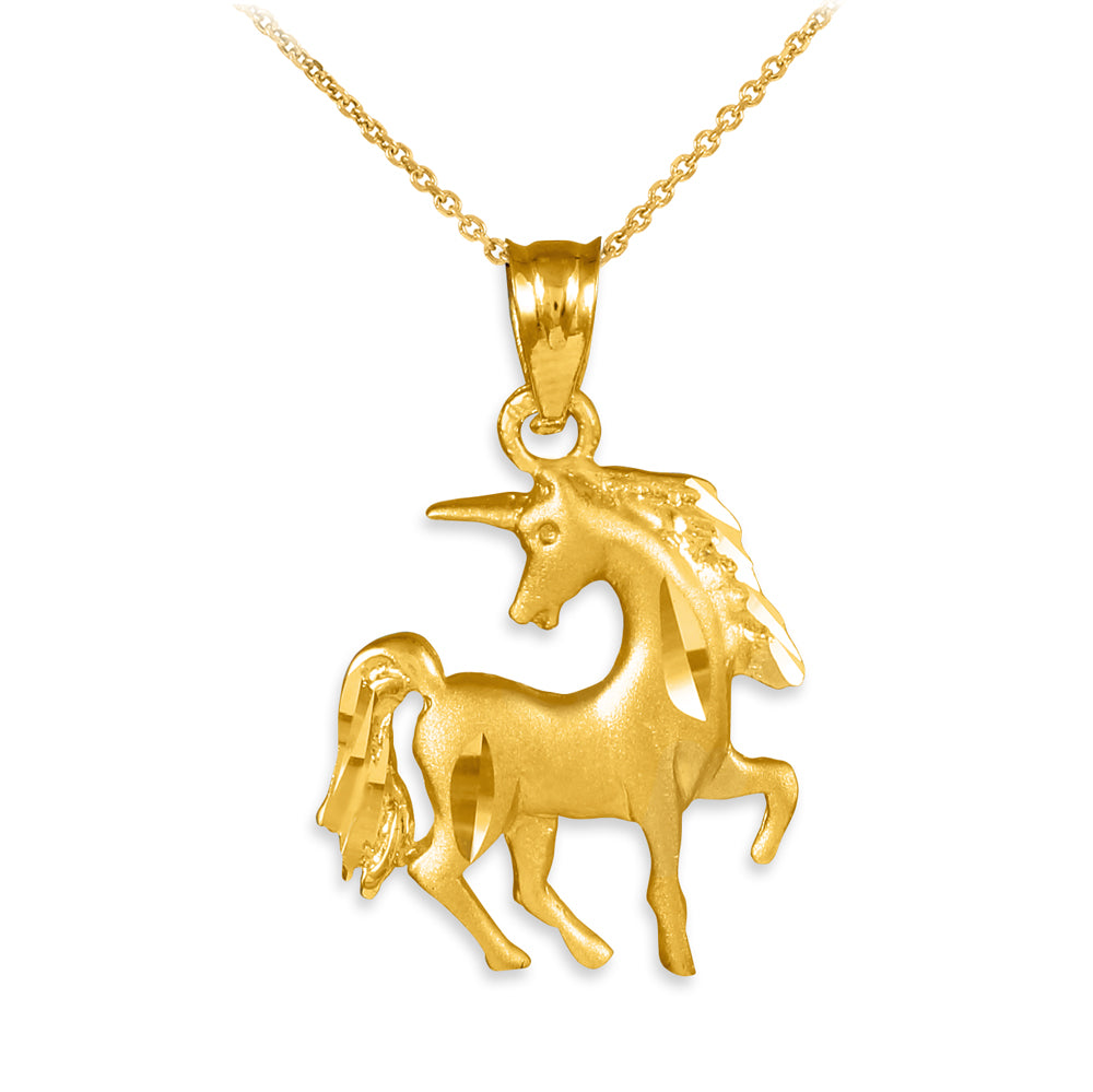 Satin Finish Diamond Cut Gold Unicorn Charm Pendant Necklace
