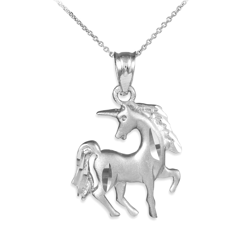 Satin Finish Diamond Cut White Gold Unicorn Charm Pendant Necklace